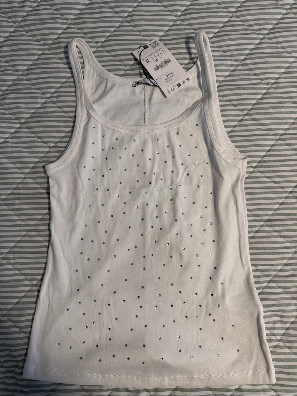 Zara White Tank Top with Crystal Studs